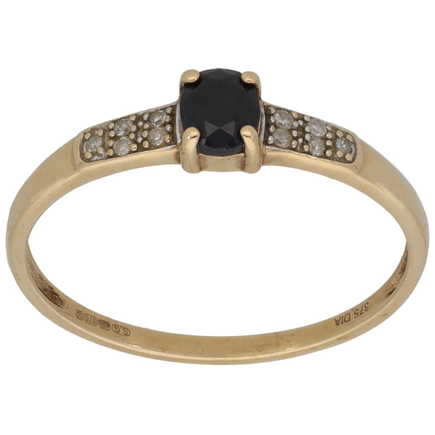 9ct Gold Sapphire & 0.05ct Diamond Single Stone Ring With Accents Size R