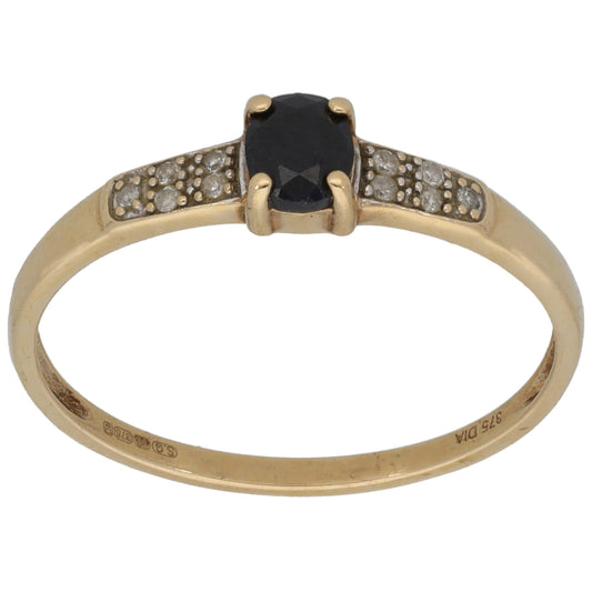 9ct Gold Sapphire & 0.05ct Diamond Single Stone Ring With Accents Size R