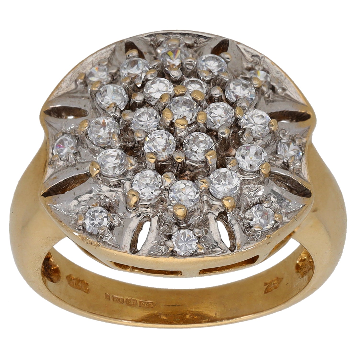 Gold-tone ring with round CZ cluster top, pierced accents, size O