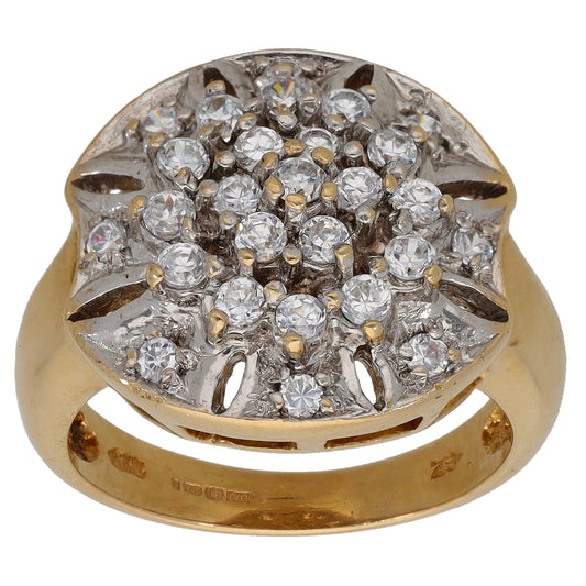 Gold-tone ring with round CZ cluster top, pierced accents, size O