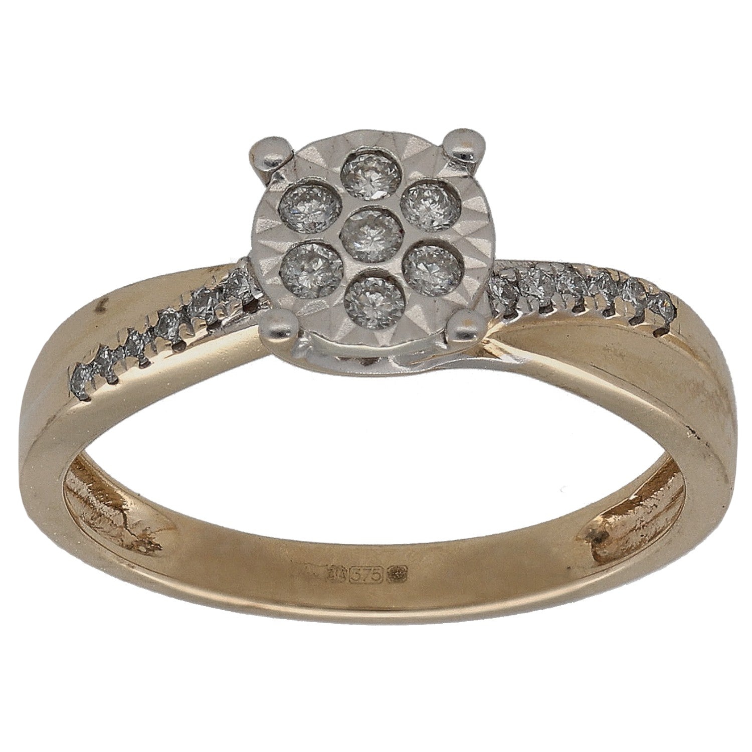 9ct gold diamond cluster ring with round center setting