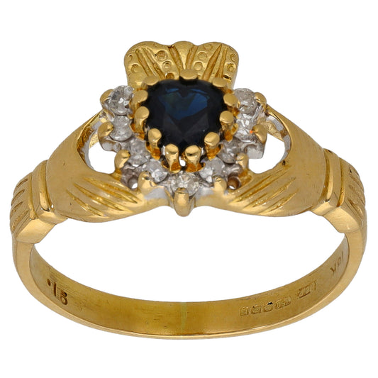 18ct Gold Sapphire & 0.18ct Diamond Claddagh Ring Size P