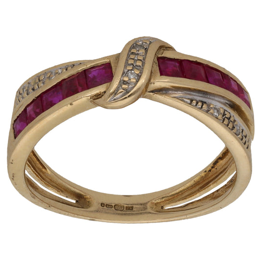 9ct Gold 0.03ct Diamond & Glass Filled Ruby Dress/Cocktail Ring Size K