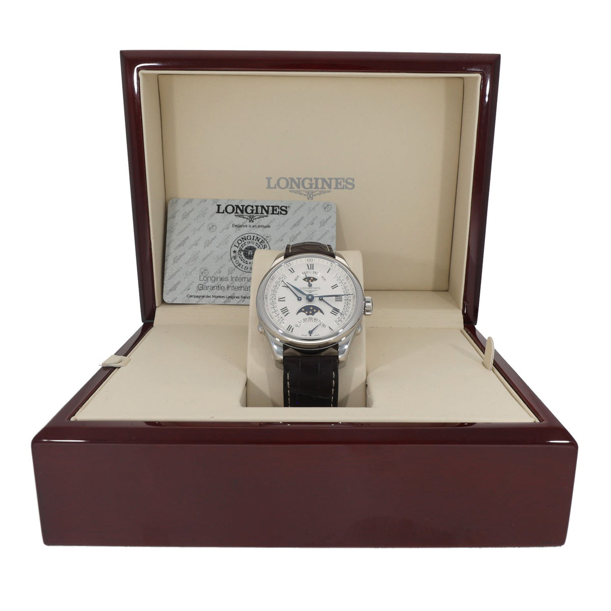 Longines Master Collection Retrograde Moonphase L2.738.4, white dial with brown aged leather strap, box image