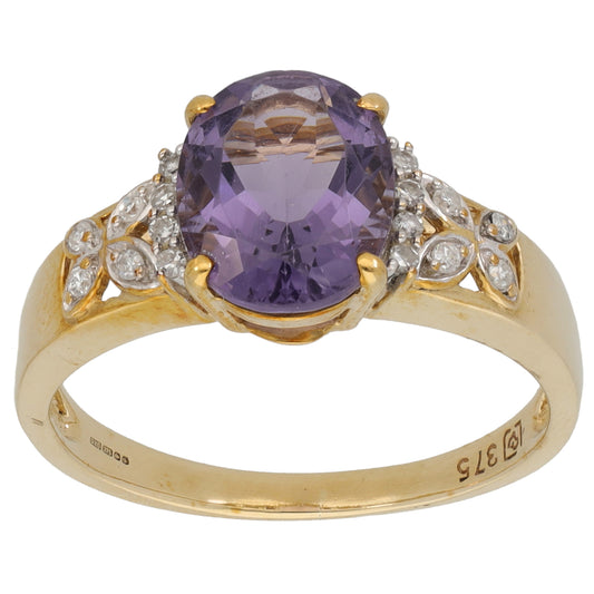 9ct Gold Amethyst & 0.08ct Diamond Dress/Cocktail Ring Size Q