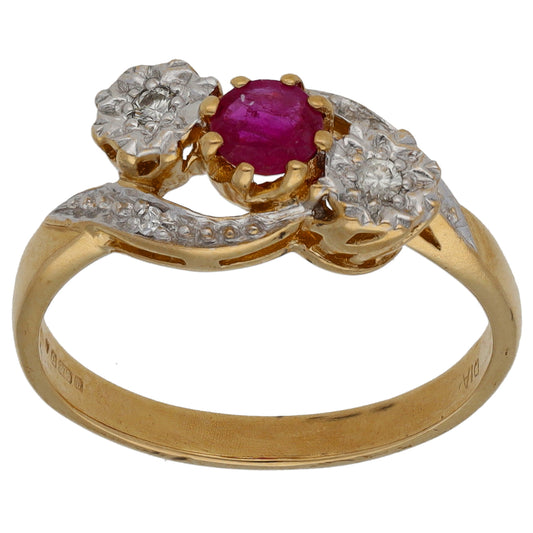 9ct Gold Ruby & 0.02ct Diamond Trilogy Ring Size M