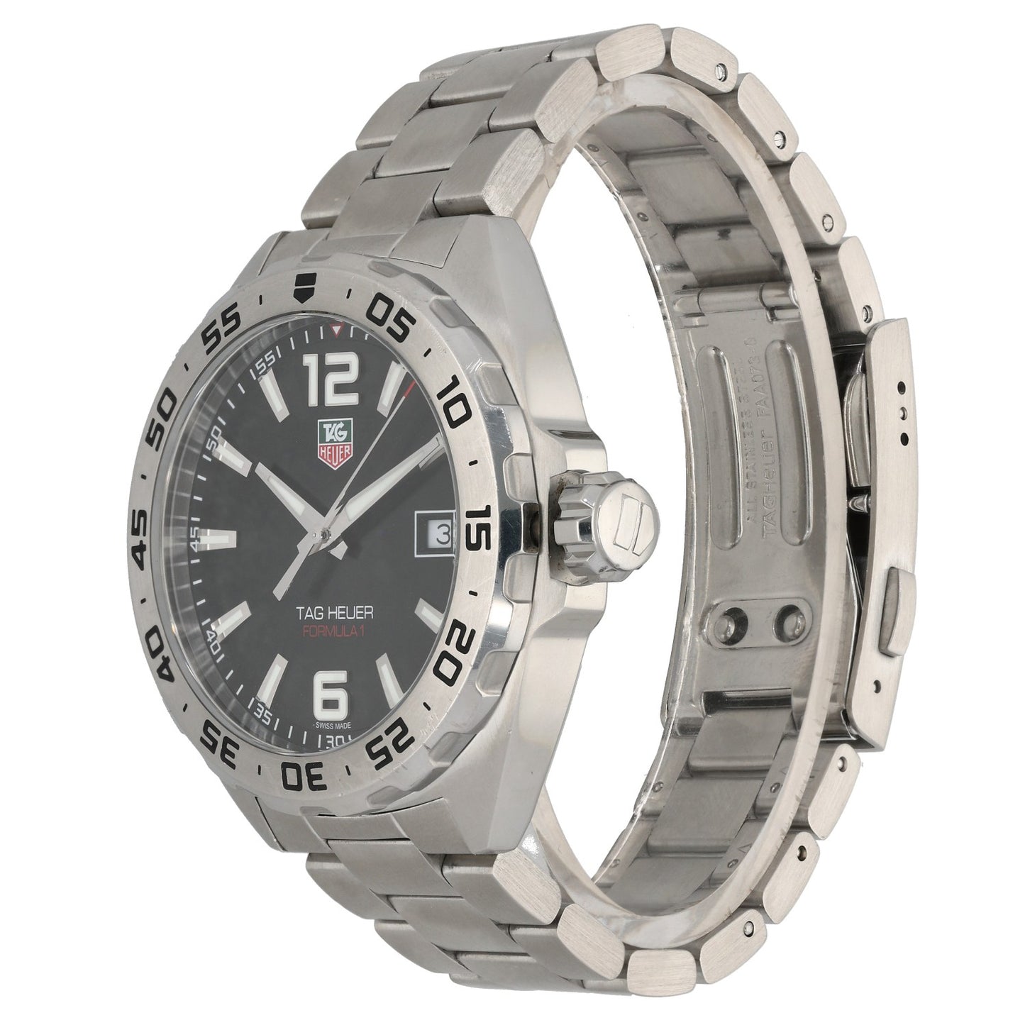 Tag Heuer Formula 1 WAZ1112, black dial with silver baton dial, in stainless steel, front angle