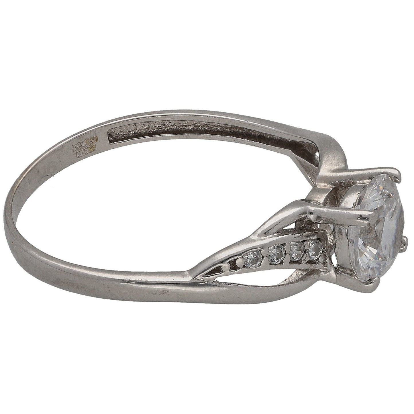 9ct white gold CZ ring with single round side-set stone and pave band