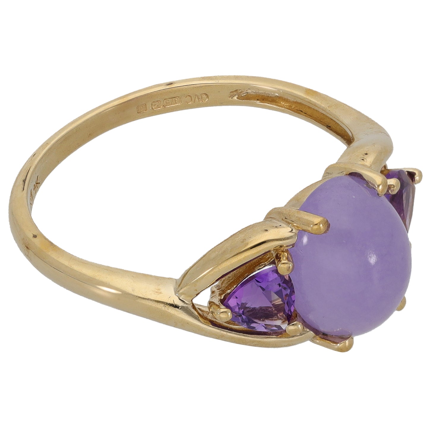 9ct Gold Jade & Amethyst Trilogy Ring Size O