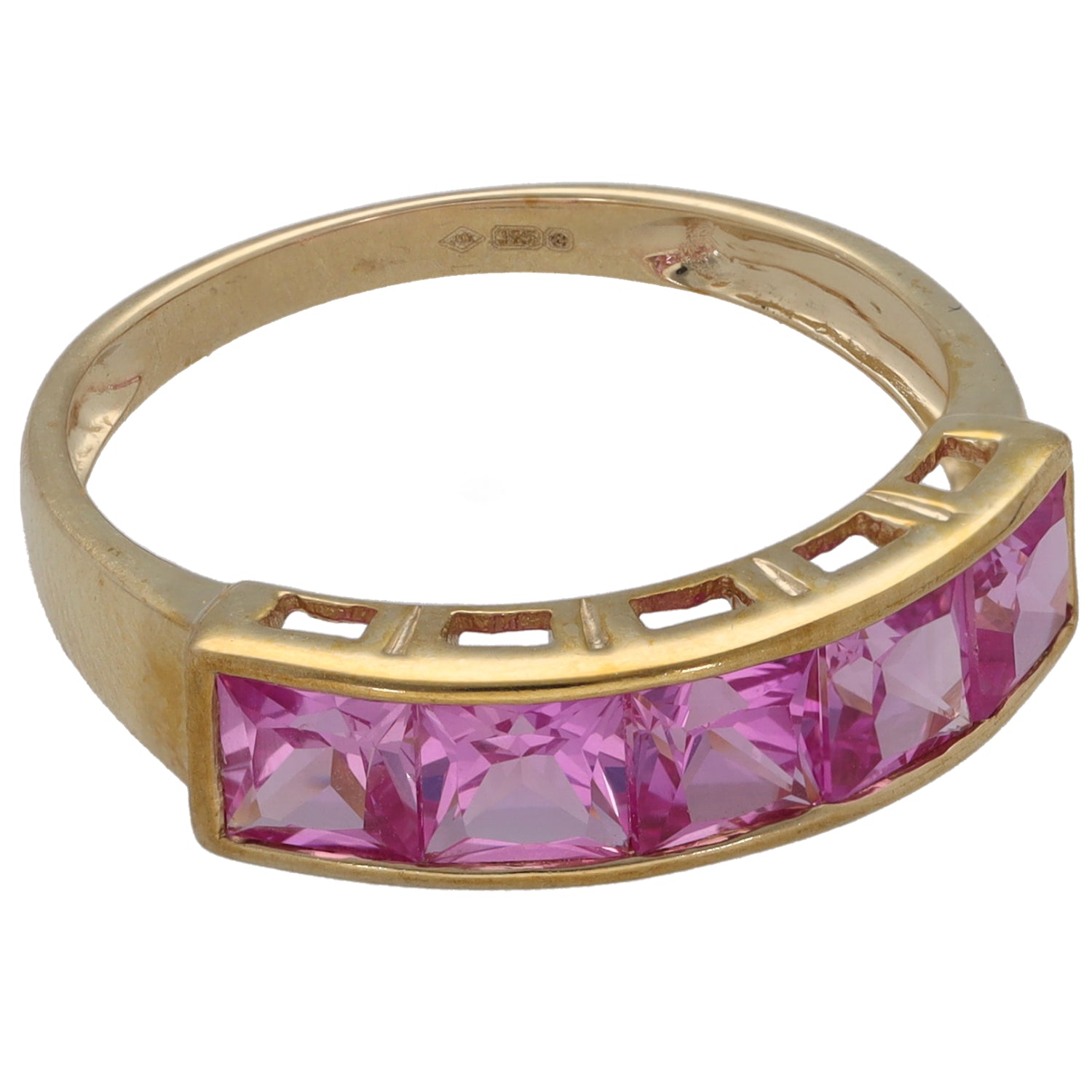 9ct gold half-eternity ring with pink sapphire band and openwork side details
