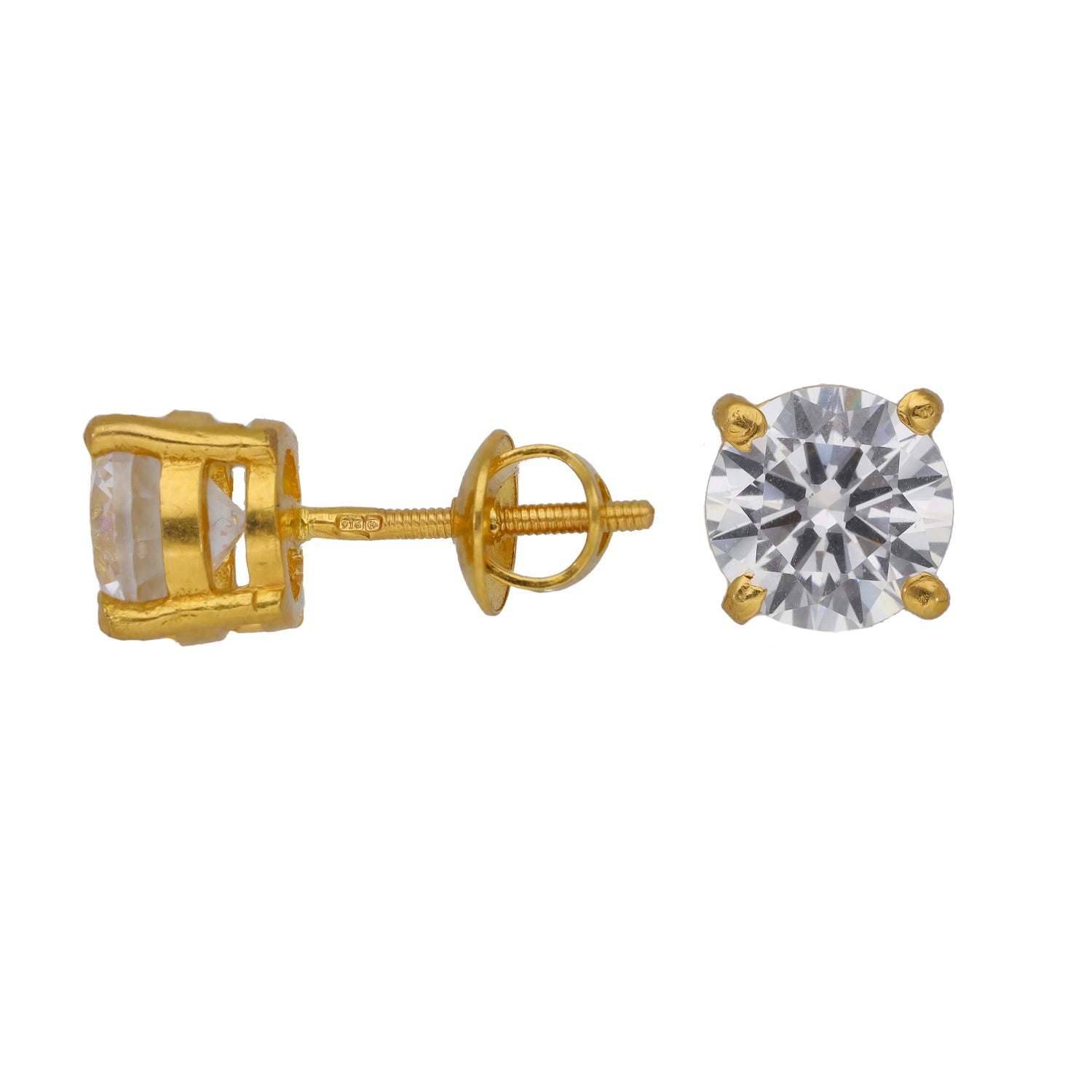 22ct Gold-tone single stud earring with round CZ crystal and square prong setting
