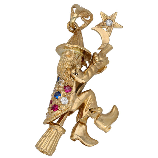 Gold-tone character pendant with clown figure, star charm, and colorful crystal accents