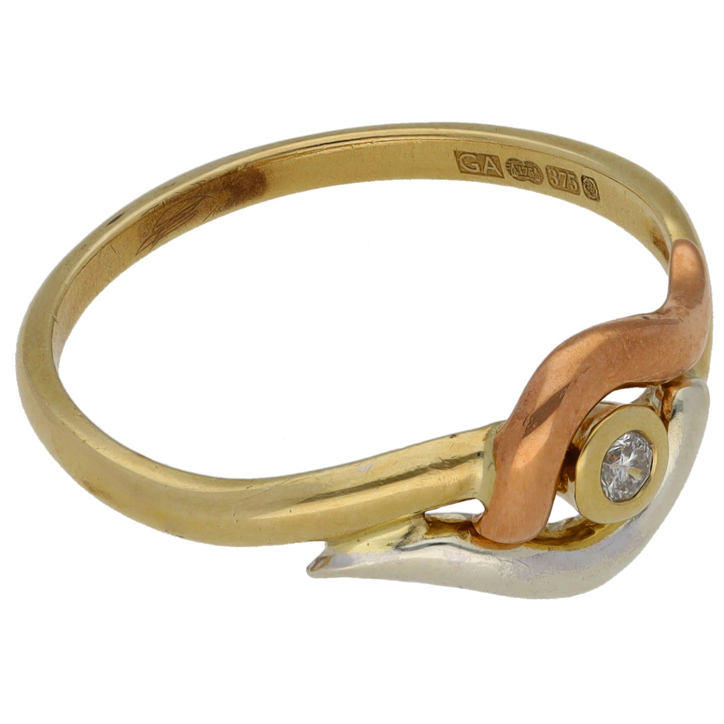 9ct Tricolour Gold 0.03ct Diamond Solitaire Ring Size Q