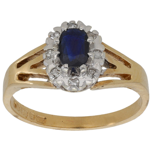 9ct Gold Sapphire & 0.08ct Diamond Cluster Ring Size N