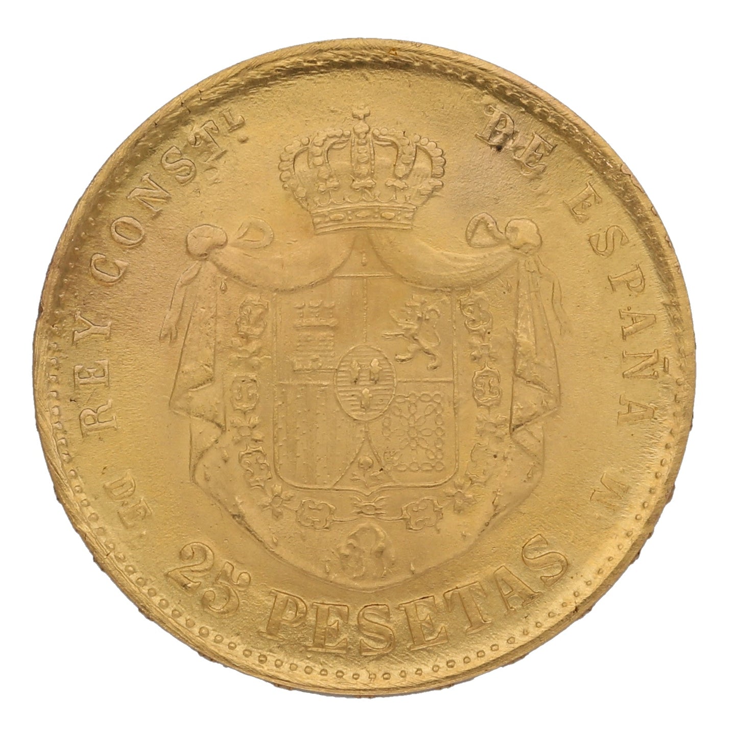 22ct Gold Spanish 25 Pesatas Coin 1878