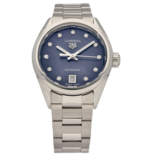 Stainless steel Tag Heuer Carrera WBN2413 automatic watch, blue dial, diamond markers, linked bracelet