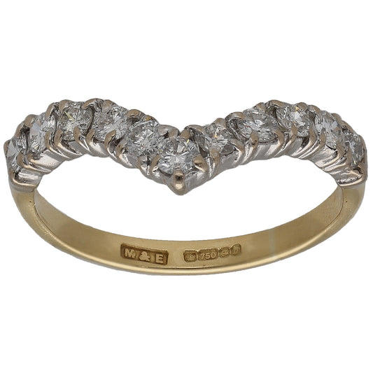 18ct gold wishbone ring with round diamond clusters across the band