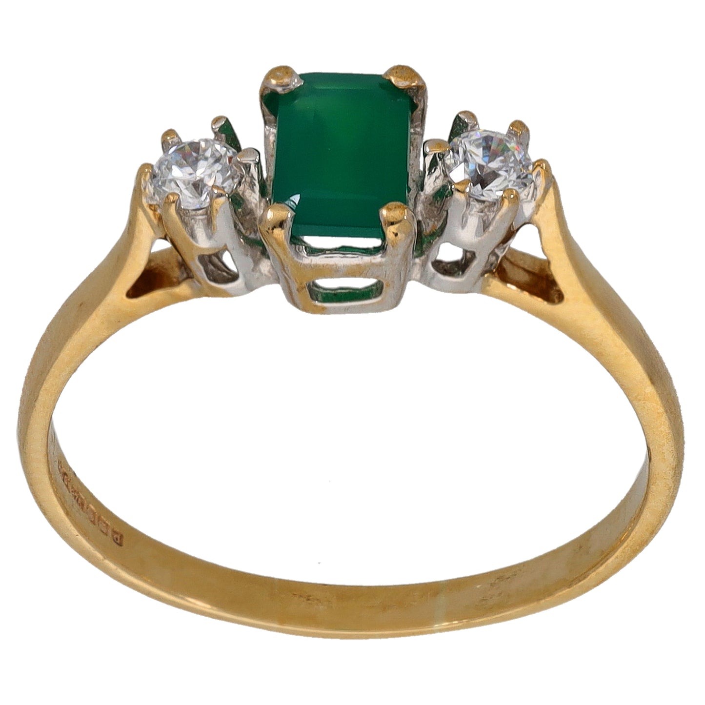 Gold single-stone ring with square green agate center and clear CZ side accents