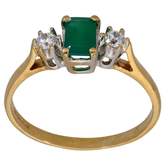 Gold single-stone ring with square green agate center and clear CZ side accents