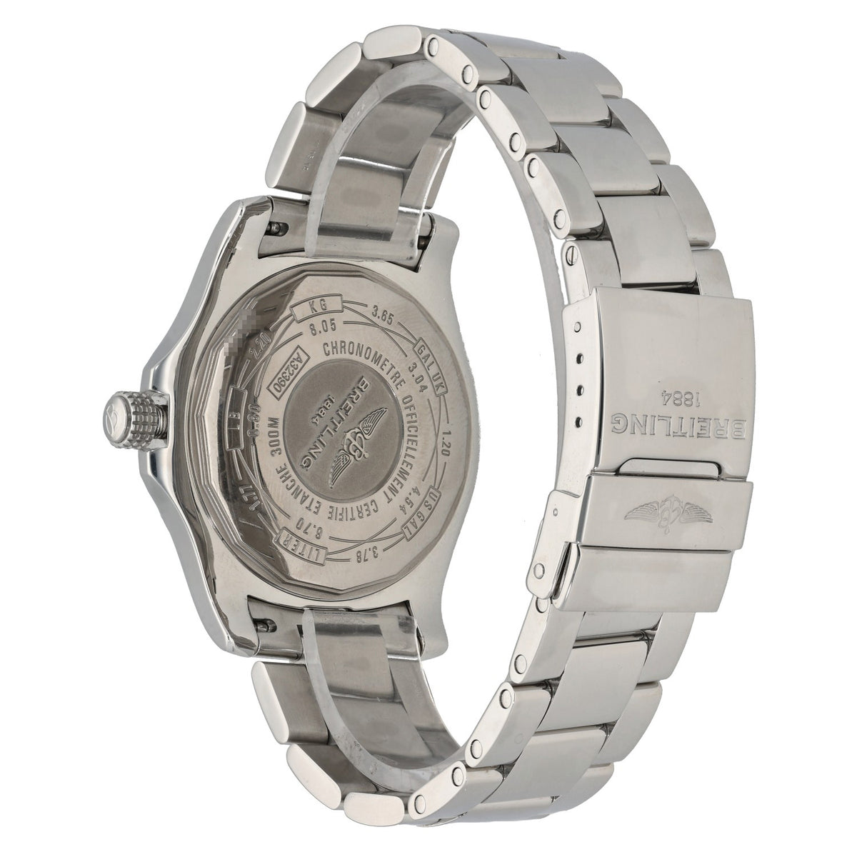 Breitling Avenger A32390 stainless steel watch with engraved caseback and bracelet links