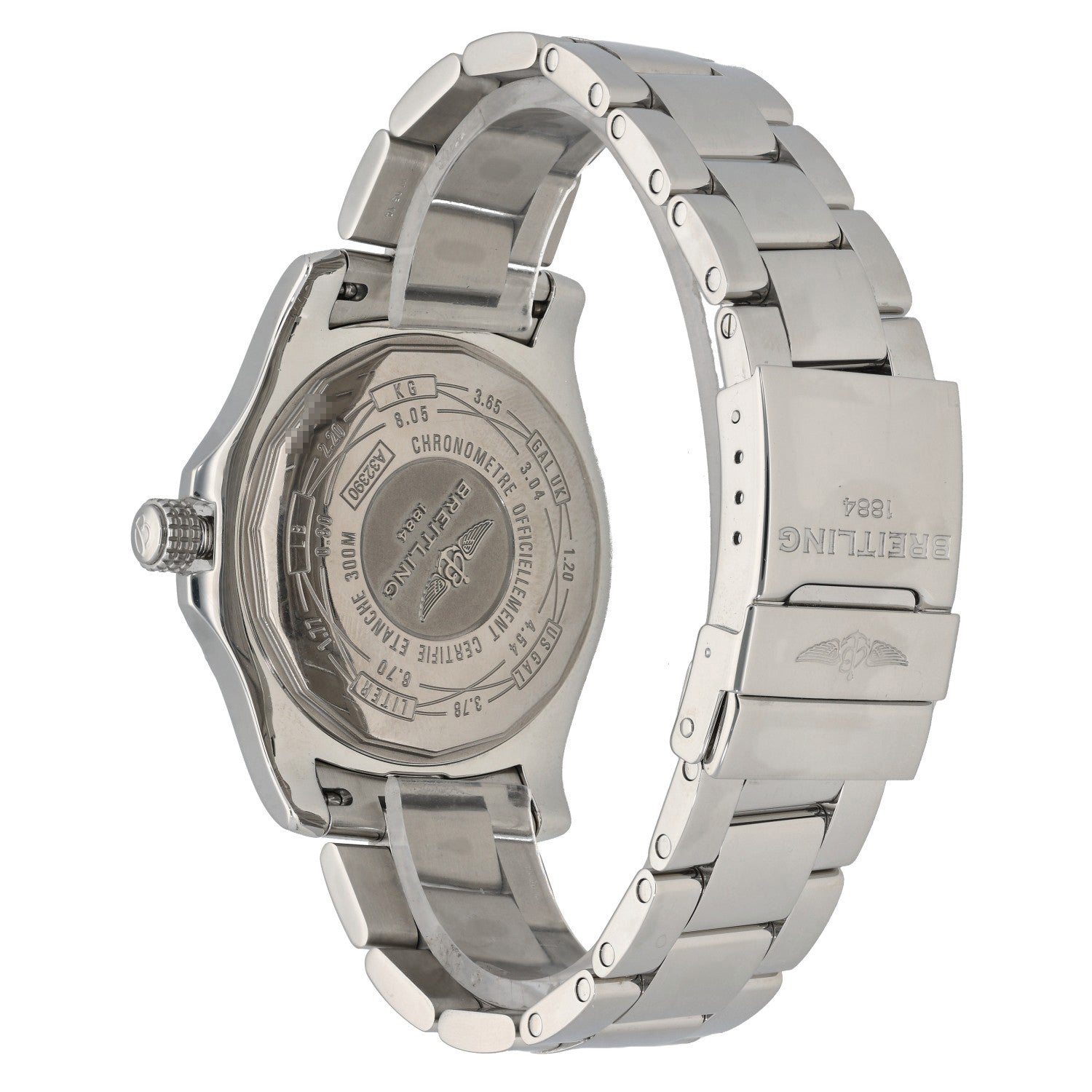 Breitling Avenger A32390 stainless steel watch with engraved caseback and bracelet links