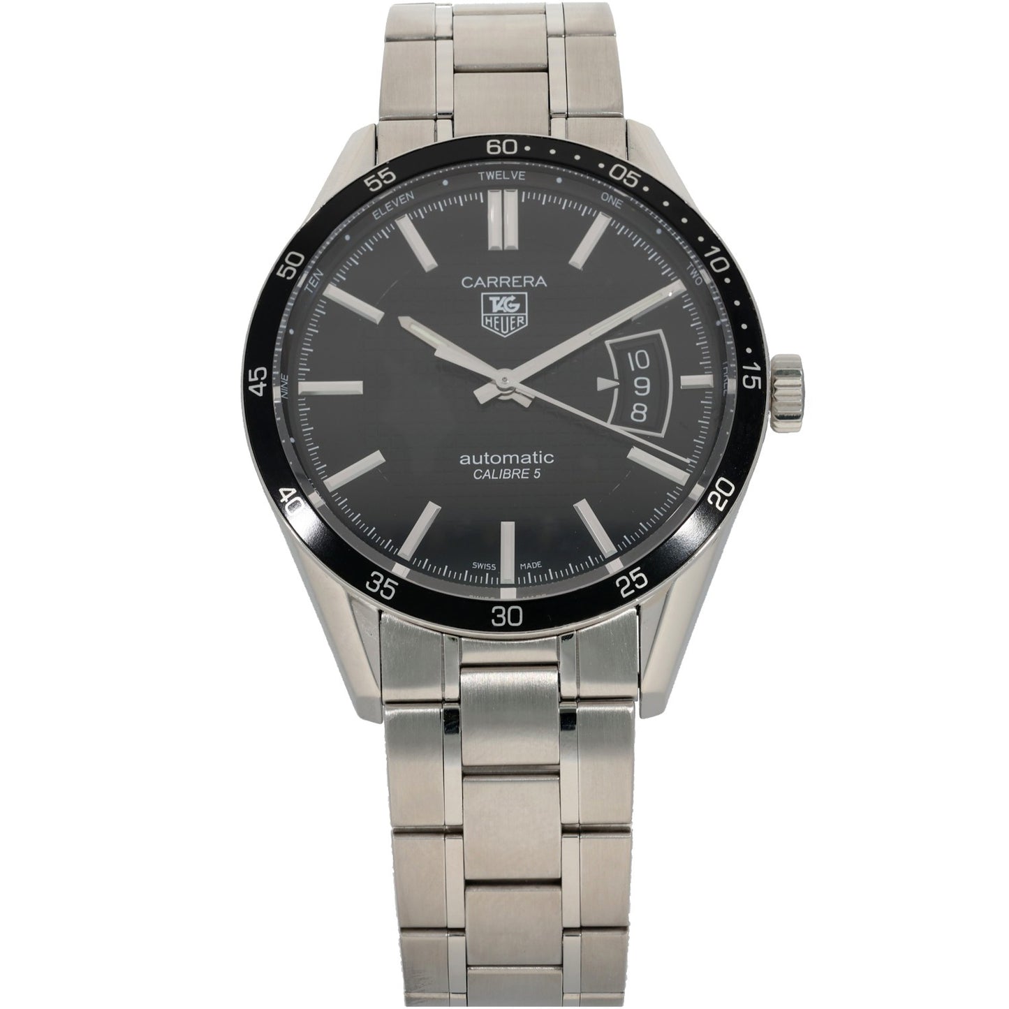 Tag Heuer Carrera WV211M, stainless steel bracelet and case housing a black dial with baton hour markers, front image