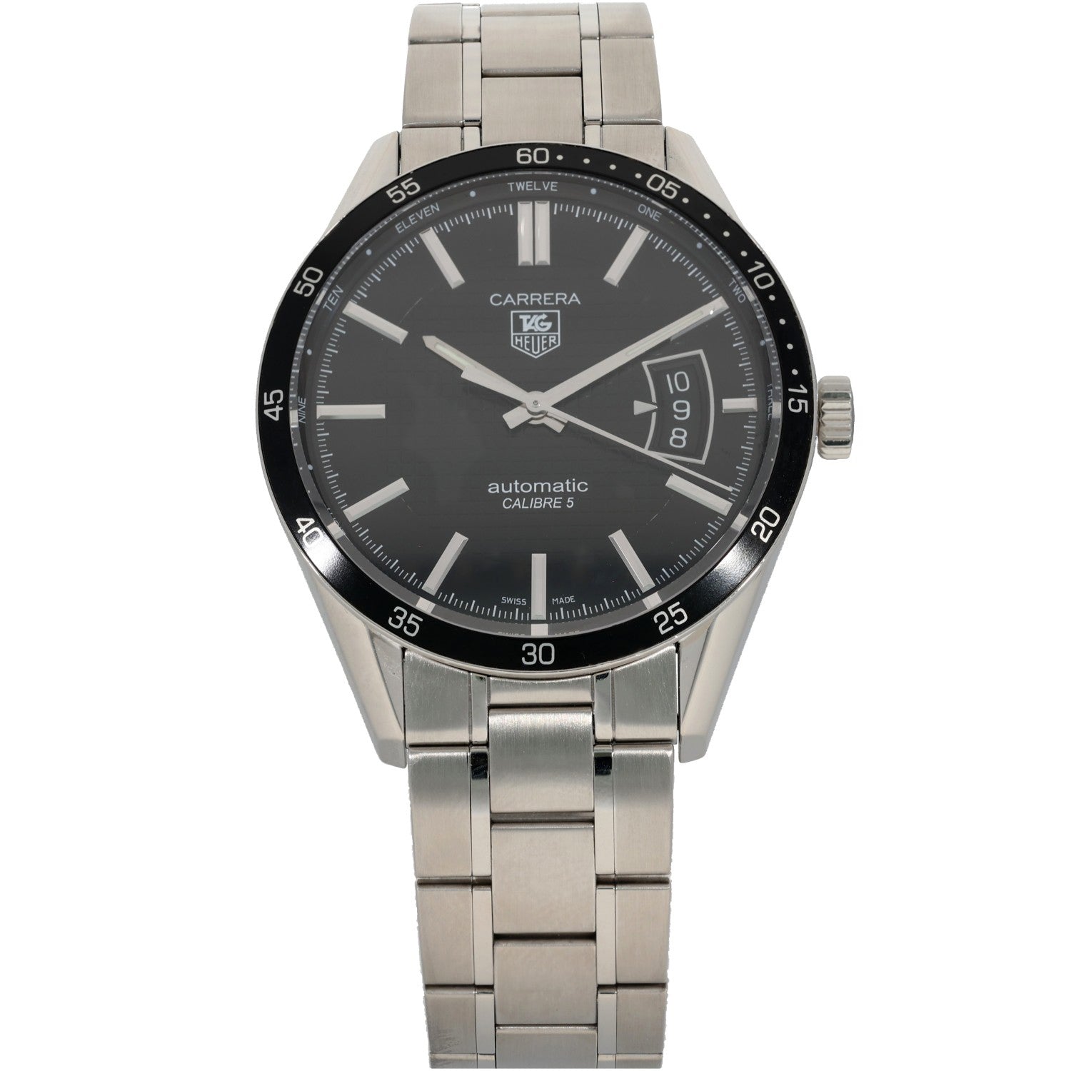 Tag Heuer Carrera WV211M, stainless steel bracelet and case housing a black dial with baton hour markers, front image