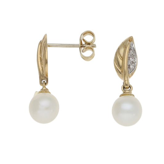 14ct Bicolour Gold 0.06ct Diamond & Cultured Pearl Drop Earrings