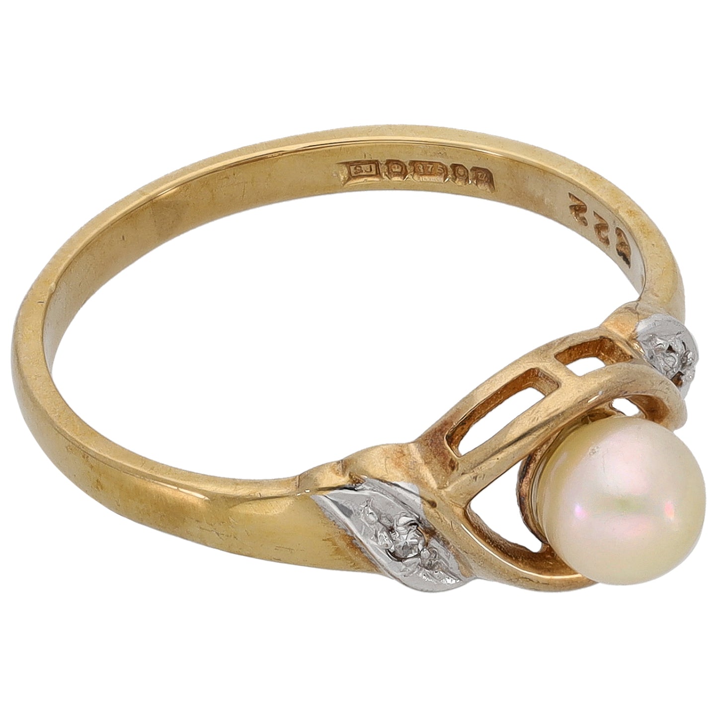 9ct Gold Cultured Pearl & 0.01ct Diamond Dress/Cocktail Ring Size M