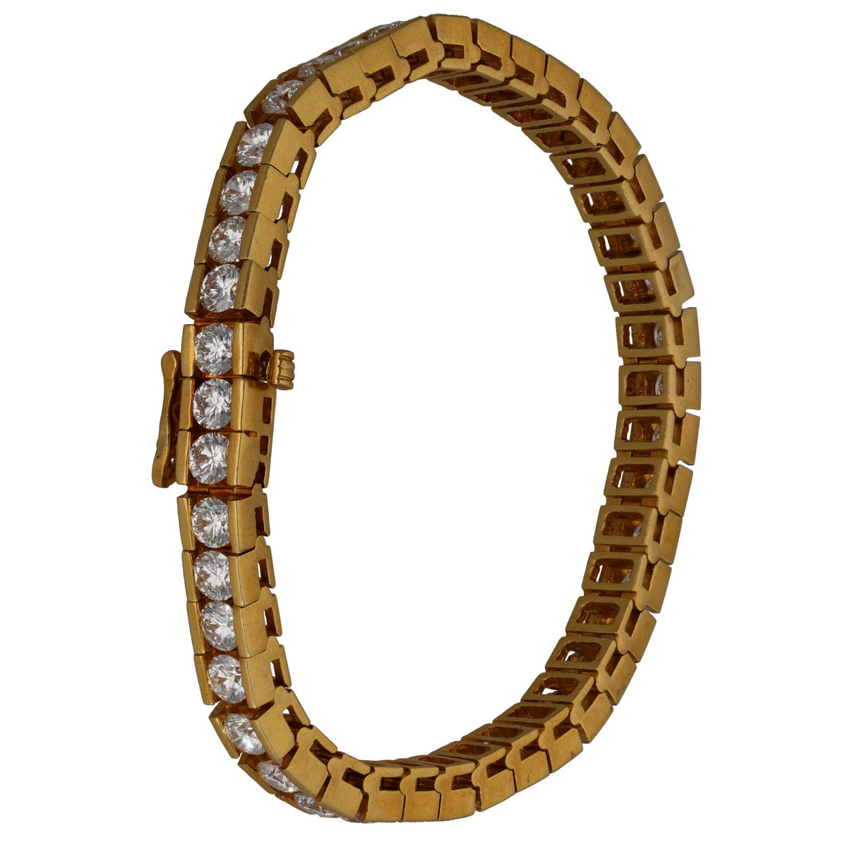 Gold tennis bracelet with round diamond stones and box clasp detail