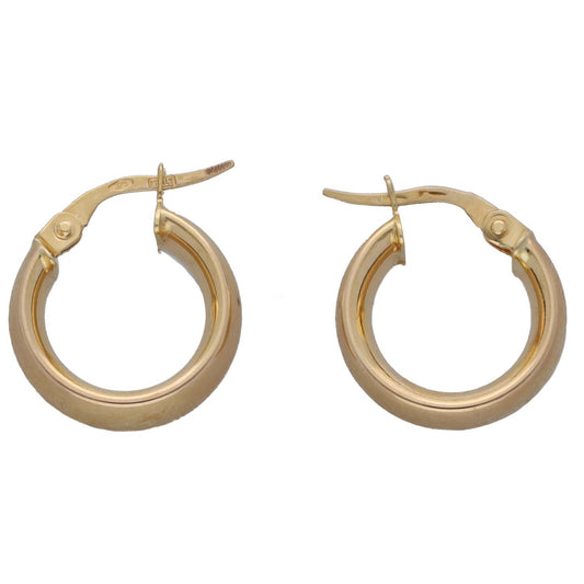 9ct gold hoop earrings with hinged clasp, small round detail, polished finish
