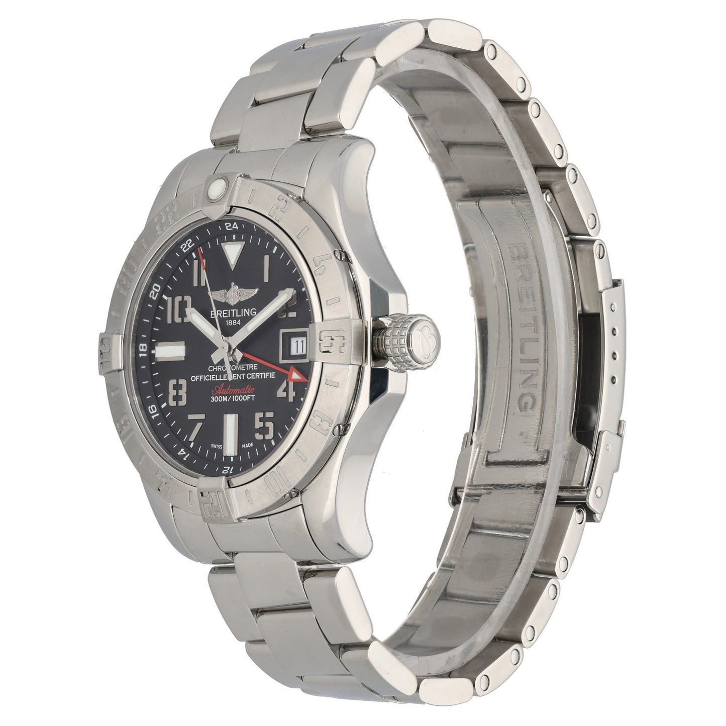 Breitling Avenger A32390 stainless steel watch side view with crown and dark blue dial