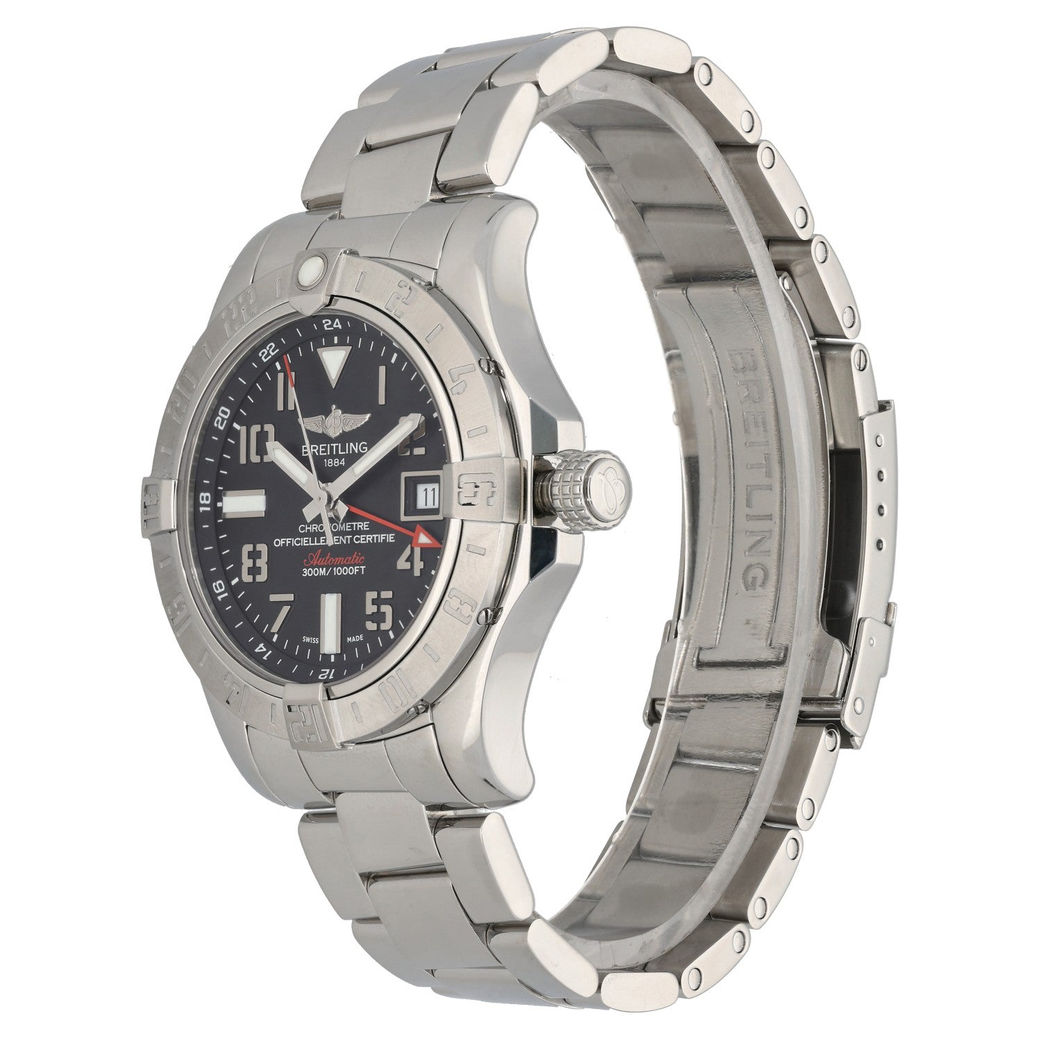 Breitling Avenger A32390 stainless steel watch side view with crown and dark blue dial