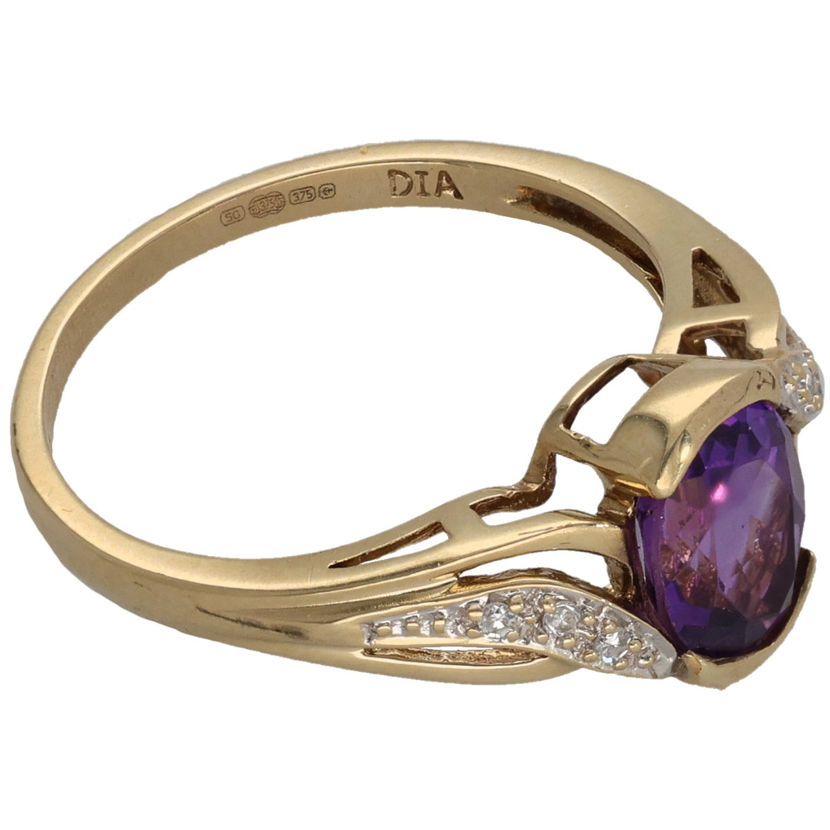Gold amethyst cocktail ring, side view with purple stone and small round diamonds on band