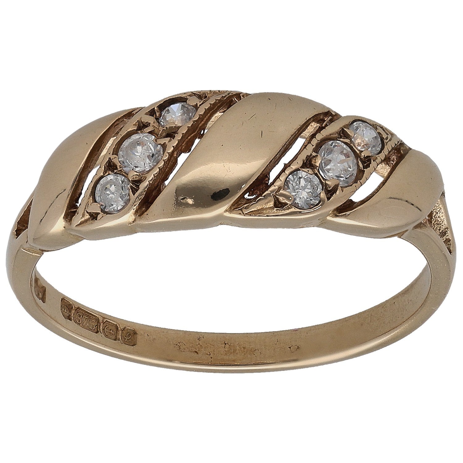 9ct gold CZ cocktail ring with clustered round clear stones on waved band