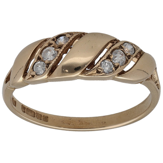 9ct gold CZ cocktail ring with clustered round clear stones on waved band