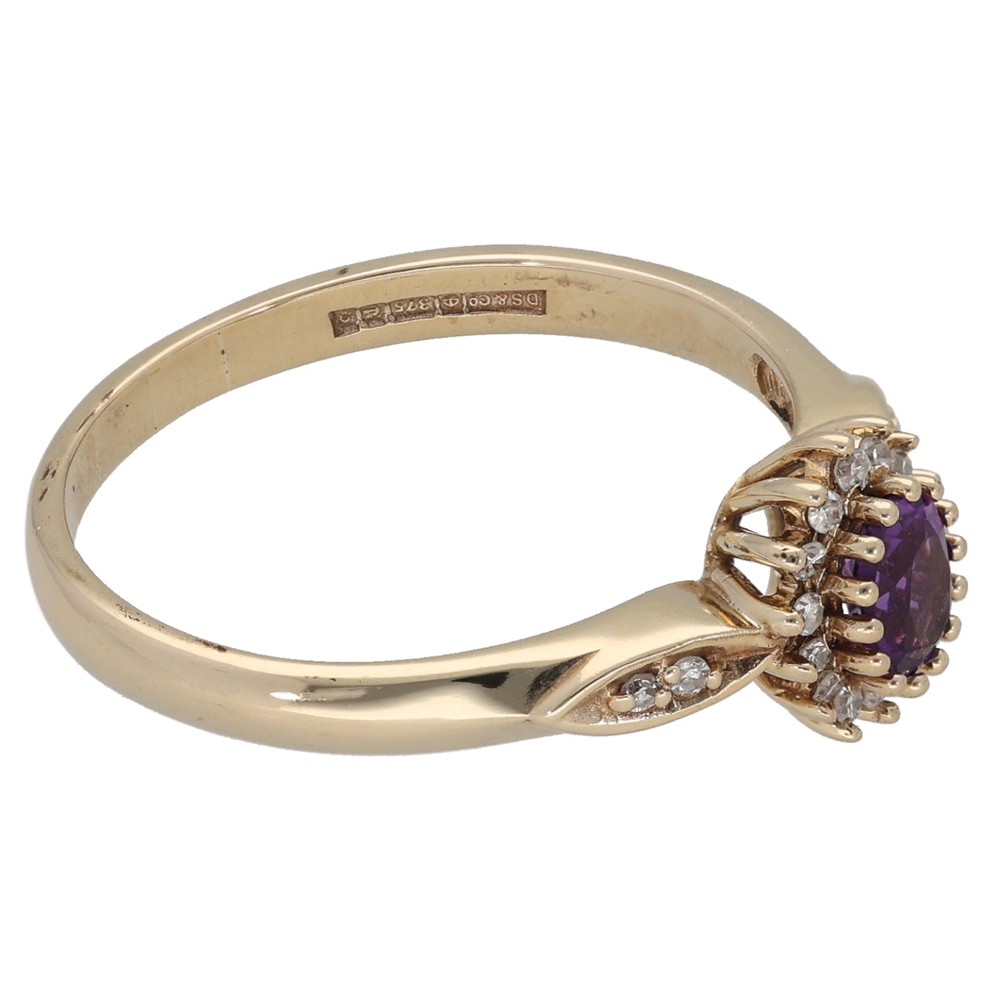 9ct Gold Amethyst & 0.18ct Diamond Cluster Ring Size S