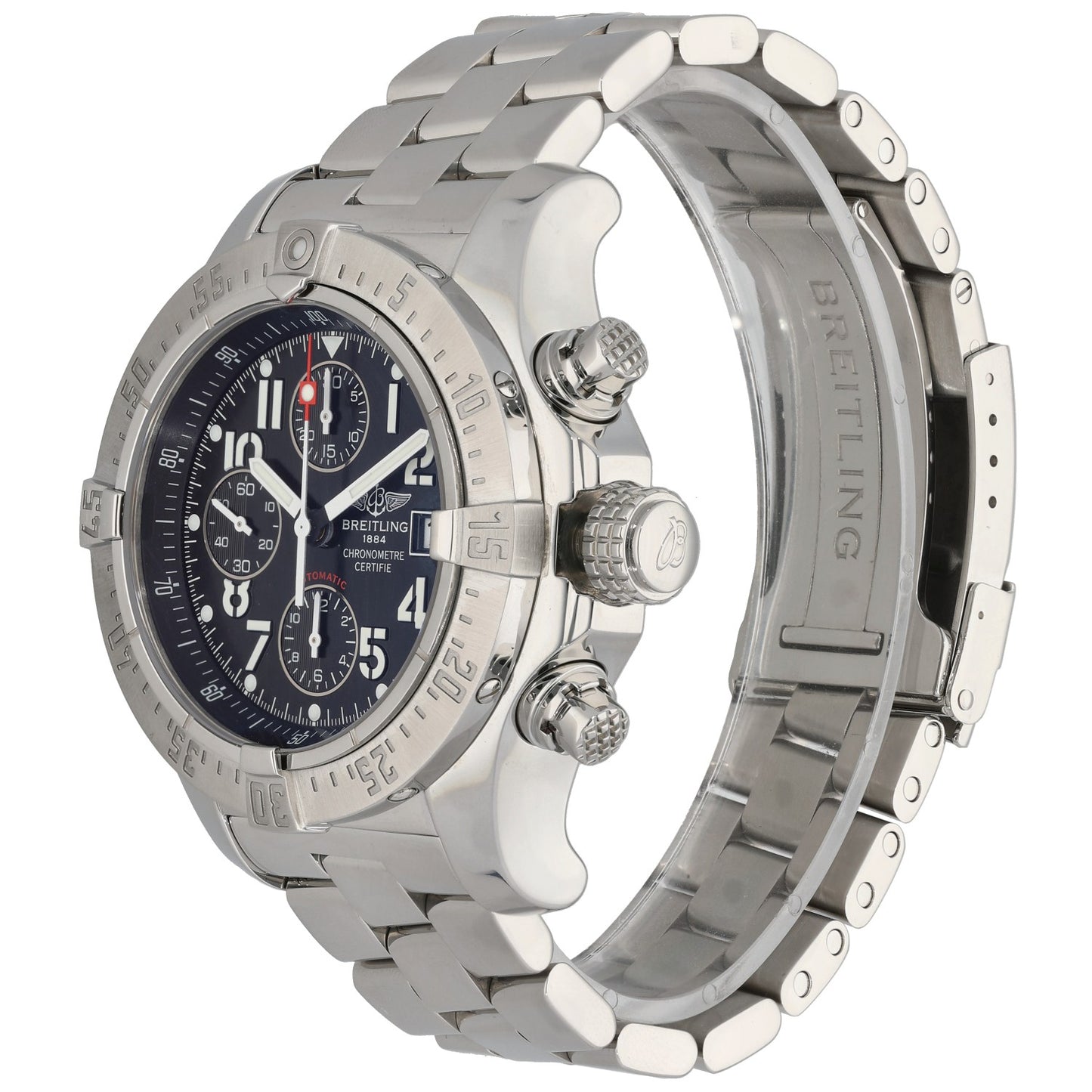Breitling Avenger stainless steel watch with blue dial, crown and pushers, side view