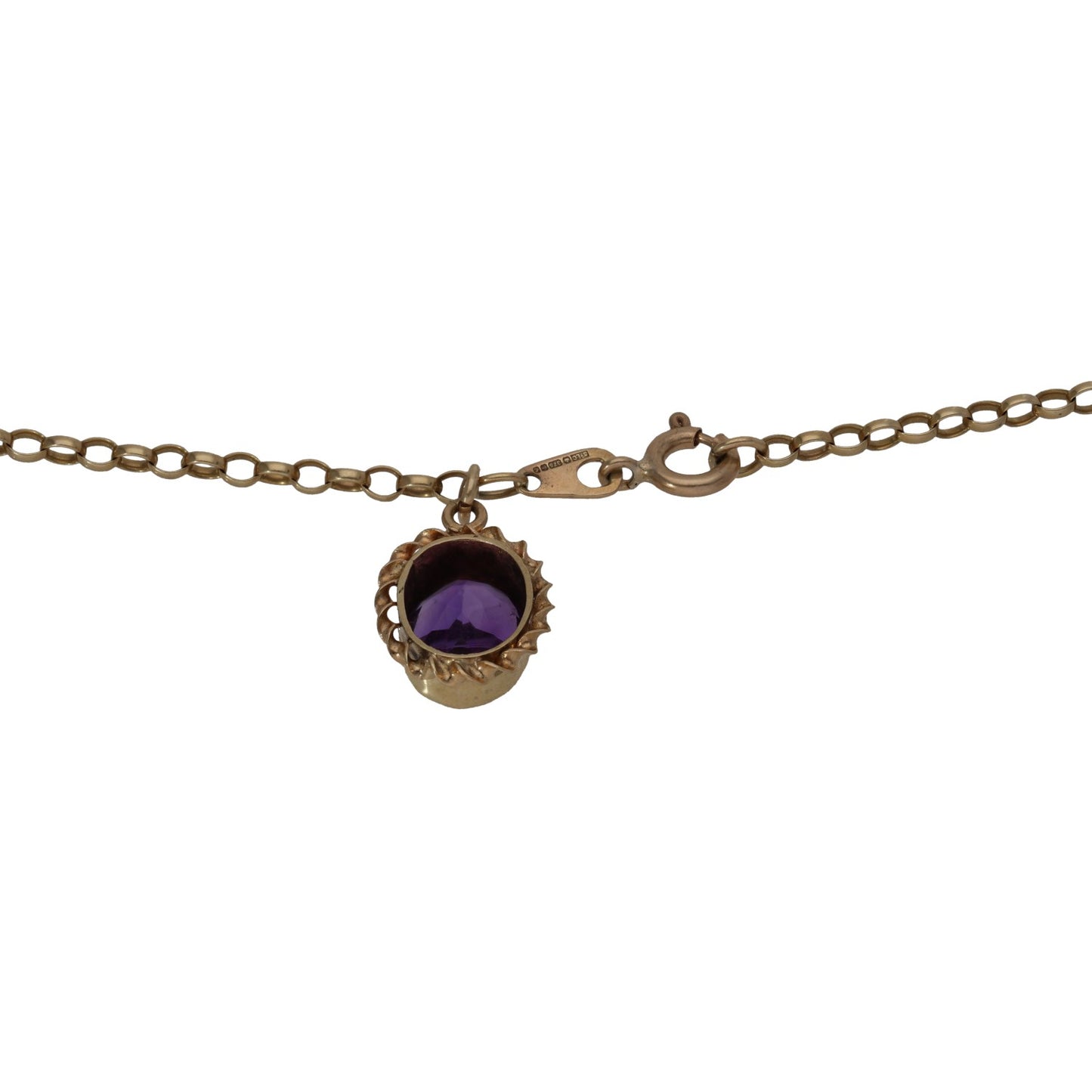 Gold amethyst pendant on chain with round purple stone and lobster clasp