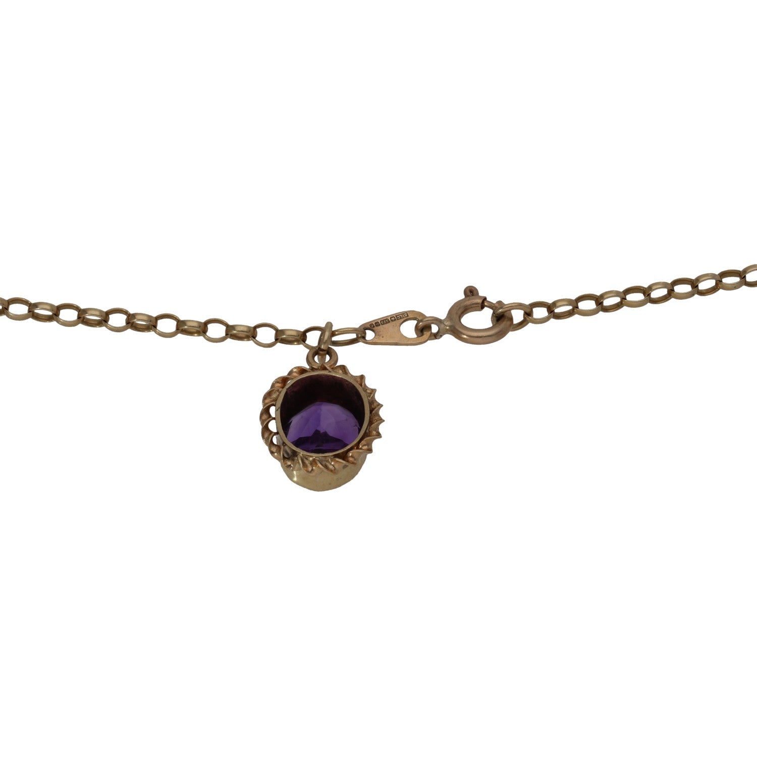 Gold amethyst pendant on chain with round purple stone and lobster clasp