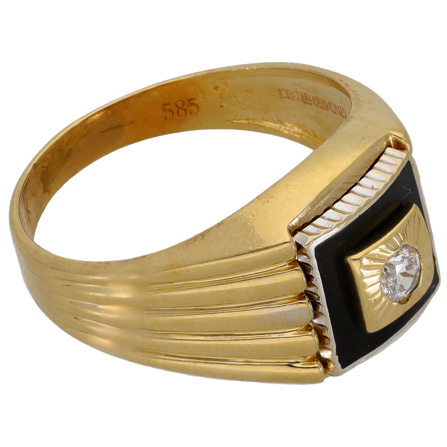 14ct Gold Cubic Zirconia Patterned Single Stone Signet Ring Size S