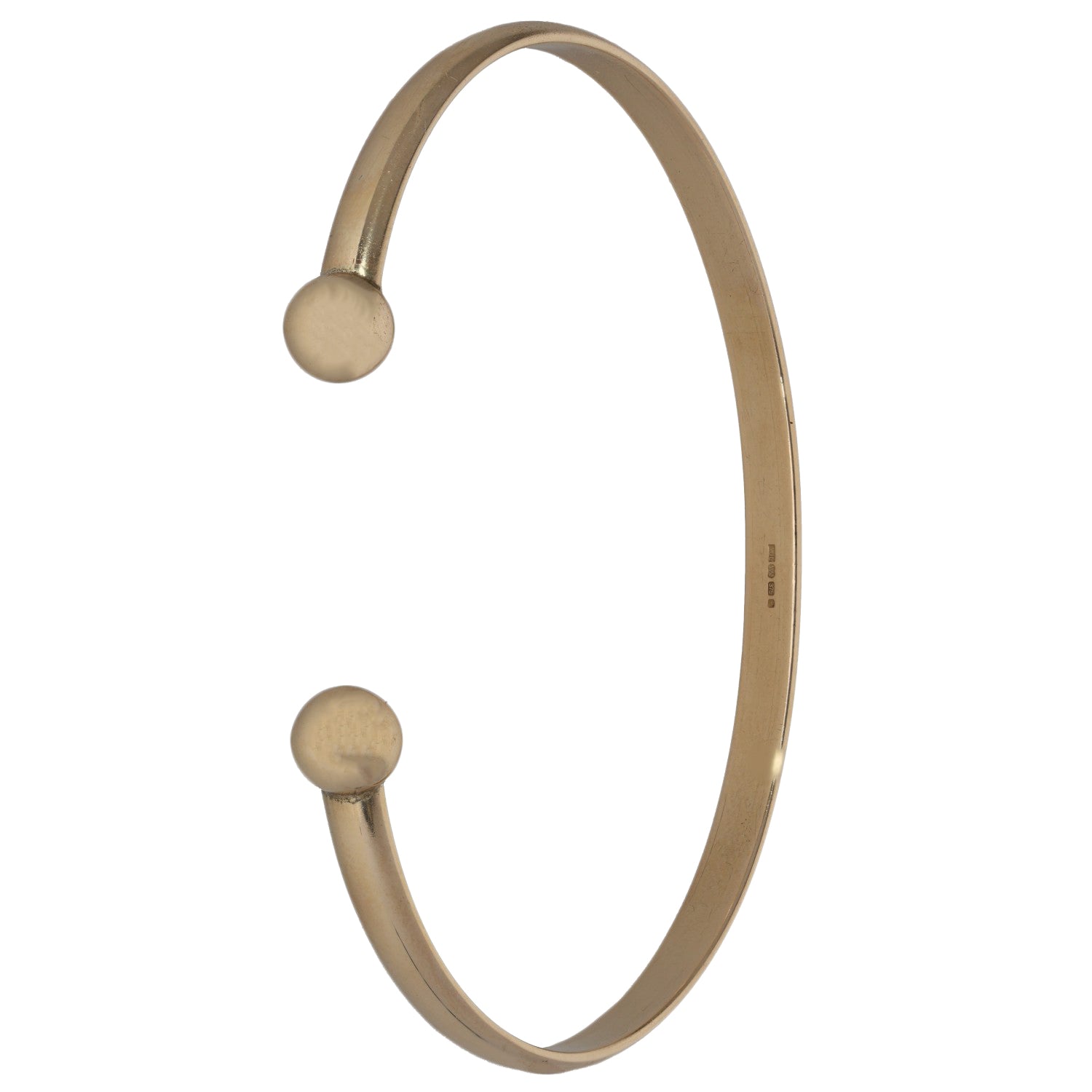 9ct gold torque bangle, oval cuff with two protruding ball ends
