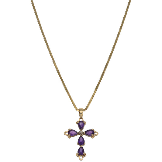 9ct Gold Amethyst & 0.01ct Diamond Cross Pendant With Chain