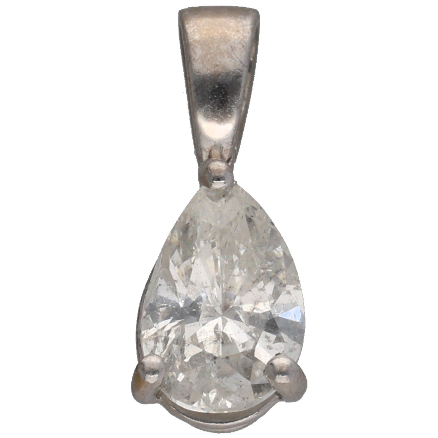 Pear diamond solitaire pendant in 18ct white gold with teardrop setting