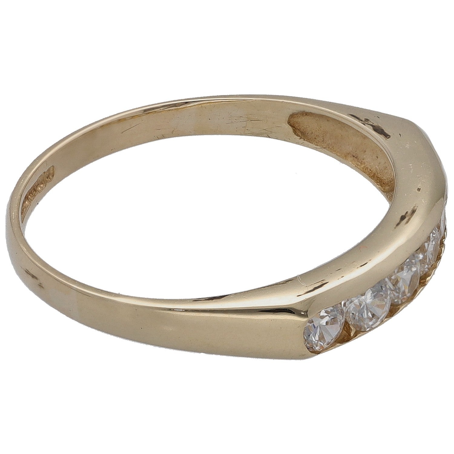 9ct gold half eternity CZ ring, size O, side view of CZ stones on the band