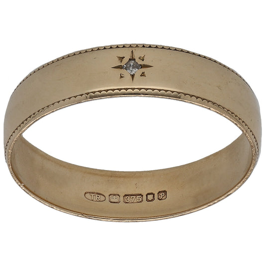 9ct Gold 0.01ct Diamond Plain Single Stone Wedding Ring Size S