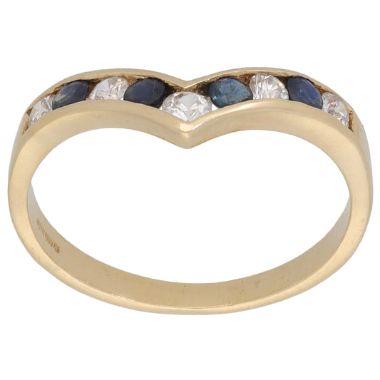 9ct Gold Sapphire & Cubic Zirconia Wishbone Ring Size P