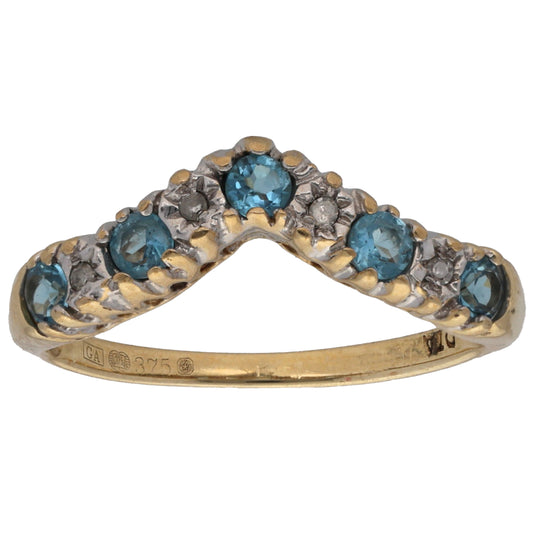 9ct Gold Topaz & 0.02ct Diamond Wishbone Ring Size L