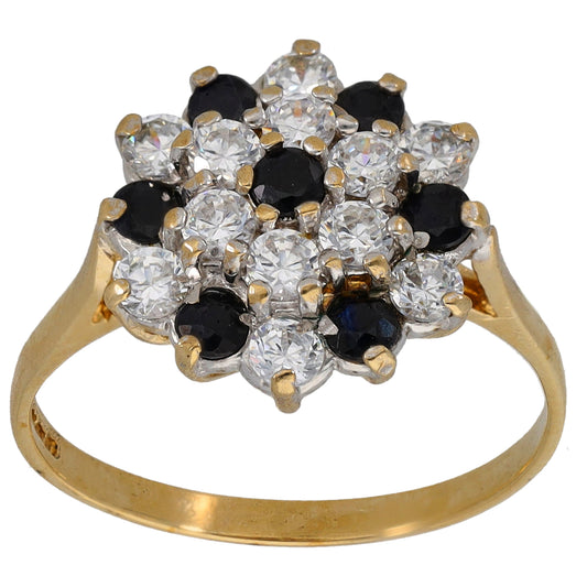 9ct gold cocktail ring top view, round clear CZ with dark stones in cluster