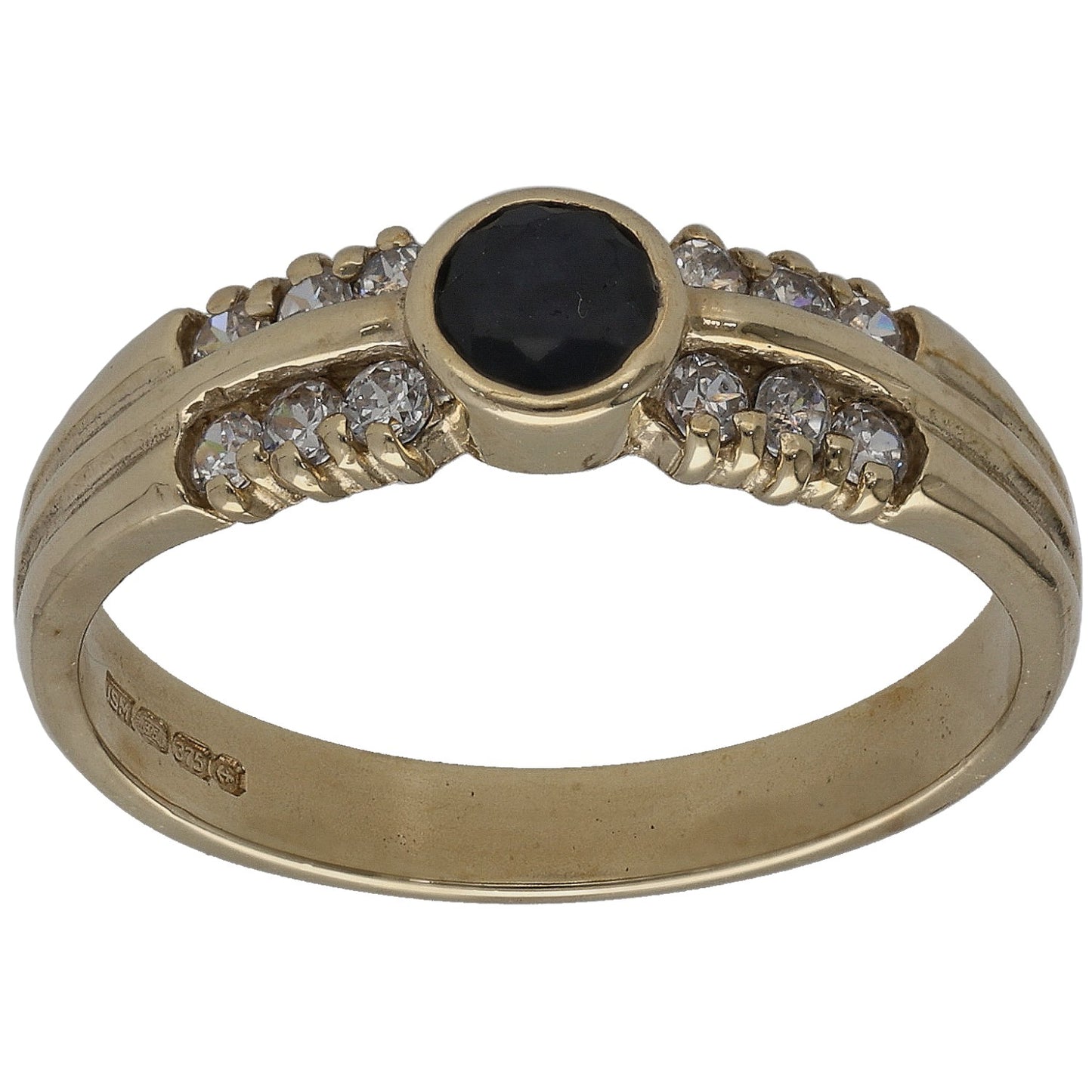 9ct Gold Sapphire & Cubic Zirconia Single Stone Ring With Accents Size P